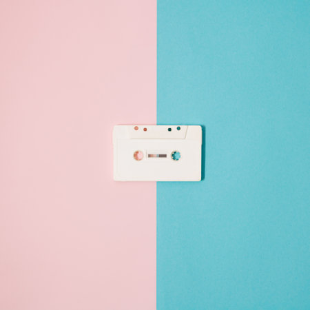 White tape on pink and blue background. Minimal design. Copy space.の写真素材