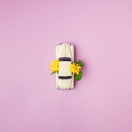 A white limousine with yellow flowers and green leaves. Pink background. Flat lay.の写真素材