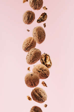 Walnuts falling. Pink pastel background. Minimum pattern.