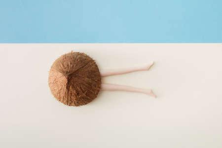 Coconut and plastic doll legs sticking out on a cream and blue background.の写真素材