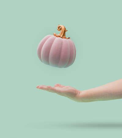 Pink halloween pumpkin with golden petiole falling into women arm. Green mint background. Minimal...
