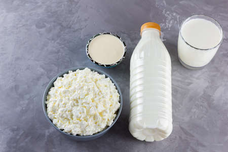 Various dairy products. Healthy dairy products on a gray background. Milk, sour cream and cottage cheese. Top view. Copy spaceの写真素材