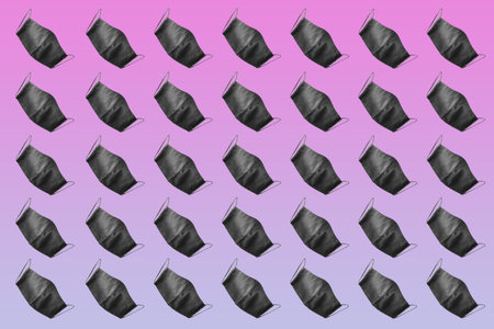 Protective mask pattern. Face protective masks pattern isolated on gradient background. Many black...