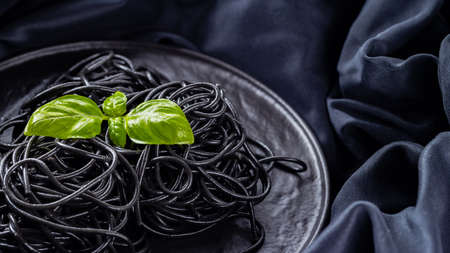 Black pasta and basil on a dark background. Black spaghetti with cuttlefish ink on a black cloth. Pasta with fresh basil on a black plate. Copy space. Top viewの写真素材