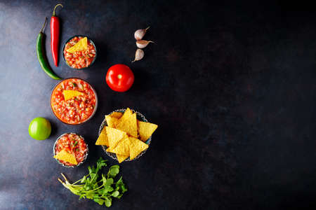 Salsa sauce and nacho chips on a dark background. Mexican salsa sauce and ingredients. Mexican food. Copy space. Top viewの写真素材