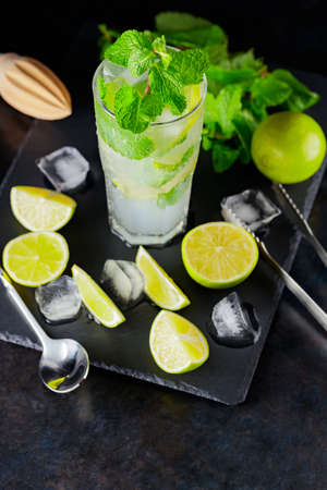 Mojito in highball glass and ingredients for cocktail on a dark background. Bar accessories and ingredients for mojito cocktail on a slate board. Mojito cocktail makingの写真素材