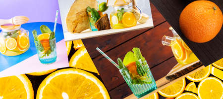 collage of orange fruits. Collection with orange slices and detox fruit infused water. healthy...