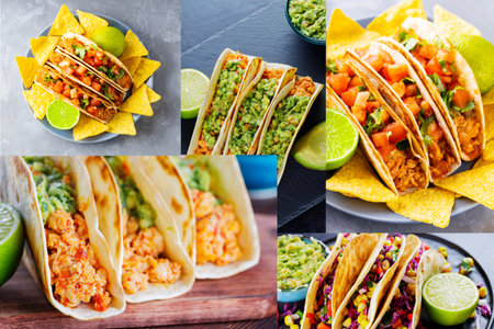 Mexican tacos collage. Mexican food collage with various tacos. Hispanic food collageの写真素材