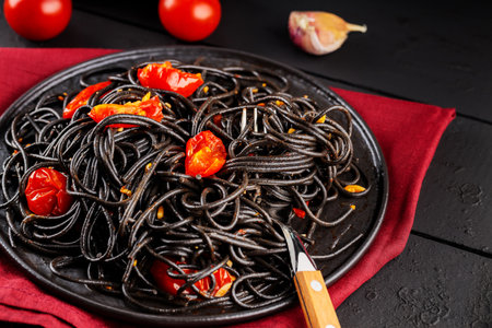 Black spaghetti with vegetables on black plate. Cooked black pasta spaghetti on black boards and ingredients. close-upの写真素材