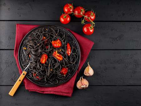 Black spaghetti with vegetables on black boards. Cooked black pasta spaghetti on a burgundy napkin and ingredients. top view. copy spaceの写真素材