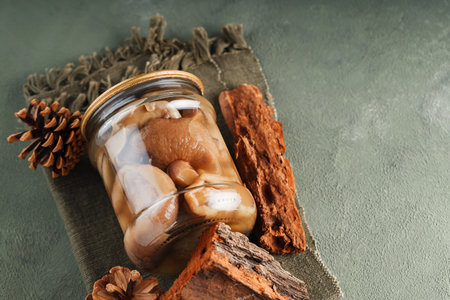 Mushrooms in a glass in rustic style. Jar with forest mushrooms and pine cones on a green background. home canning conceptの写真素材