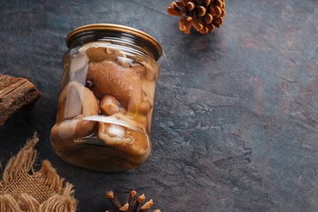 Glass jar of preserved mushrooms on a dark background. Canned mushrooms on burlap. top view. copy...