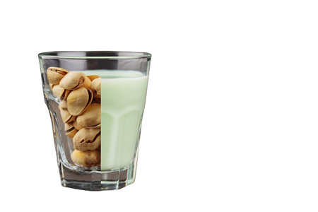 Creative collage of pistachio milk and pistachios in a glass on a white background. Organic lactose free milk concept. copy spaceの写真素材