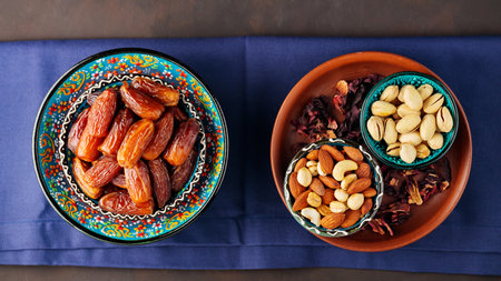 Dried dates and nuts on a dark background. Bowls of pitted dates, nuts and pistachios. Ramazan Iftar food. top viewの写真素材