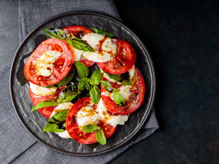 Caprese salad made of sliced fresh tomatoes, mozzarella cheese and basil served on black plate. top view. copy spaceの写真素材