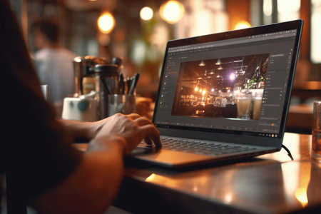 Close-Up of Person Concentrated on Laptop Work in Trendy Coffee Houseの素材
