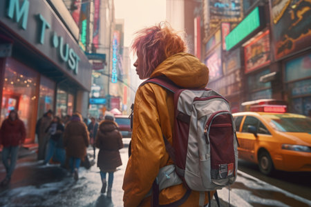 Woman with backpack walking in urban streetの素材