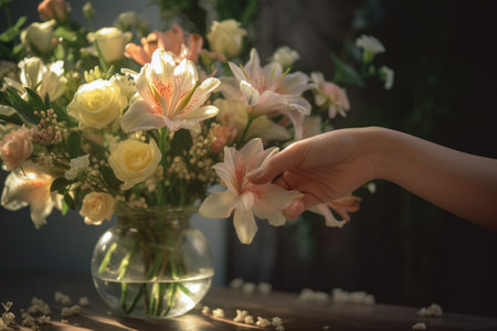 Close-Up of Hand Arranging Flowers in Vaseの素材