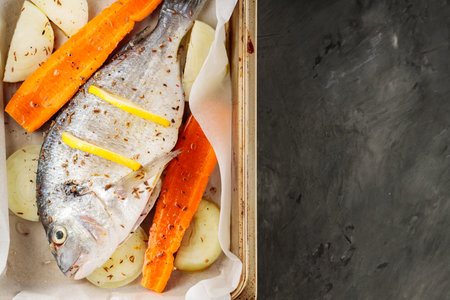 Fresh raw dorado fish with vegetables and lemon slices on baking sheet. Top view. Copy spaceの写真素材