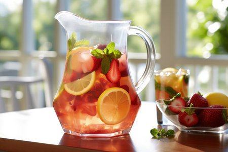 Summer Lemonade Pitcher with Fresh Strawberries, Lemons and Mintの素材