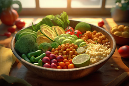 Wholesome Vegan Buddha Bowl Featuring Fresh Vegetables, Legumes and Grainsの素材