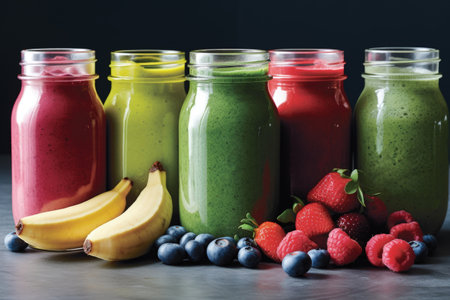 Glass Jars with Fresh Smoothie with Kiwi, Bananas, Raspberries and Blueberries with Chia Seedsの素材