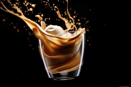 Glass of Latte with Spiral Pattern Created by Swirling Mixture of Milk and Coffee on Dark Backgroundの素材