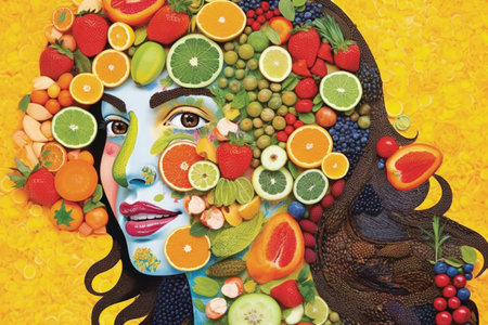 Vibrant Woman's Face Collage with Fruits and Vegetables on Yellow Backgroundの素材