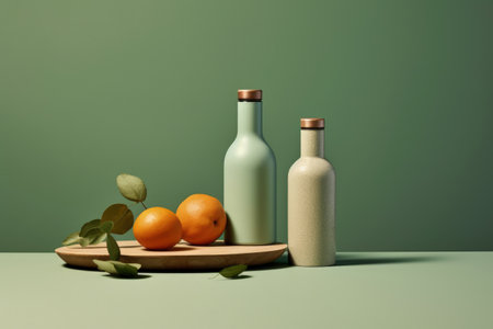 Reusable Glass Water Bottles and Branches with Green Leaves on Simple Background with Natural Light, Waste Reduction Conceptの素材