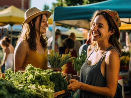 Joyful Women Selecting Fresh Vegetables at Local Farmers Marketの素材