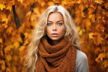 Autumn Fashionable Portrait of Girl in Warm Scarf against Trees with Yellow Leavesの素材