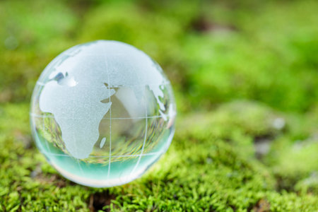 Close-Up of Globe on Lush Green Grass, Sustainability Conceptの写真素材