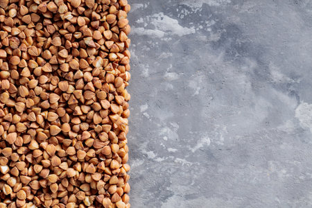 Buckwheat Grains Background, Diet Food, Gluten-Free Diet with Buckwheat, Copy Spaceの写真素材