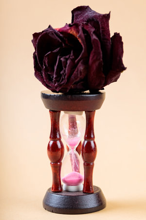 Hourglass and Dried Rose Petals on Beige Background, Concept of Time for Environmental Change