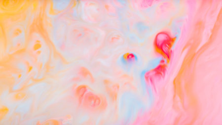Abstract Colorful Fluid Art Background with Swirling Pink, Yellow and Blue Patternsの写真素材