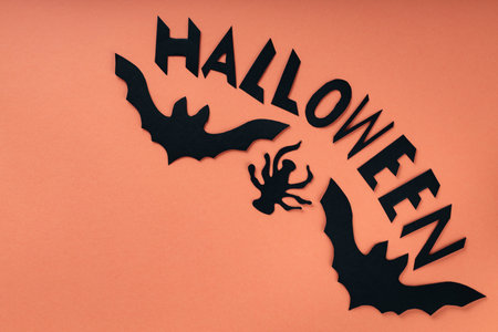 DIY Halloween Bat and Spider Paper Cutouts with Halloween Lettering on Orange Background, Copy Spaceの写真素材