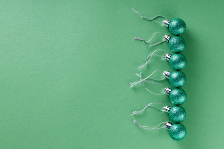 Green Glittery Christmas Decorations, New Year's Concept, Top View, Copy Spaceの写真素材