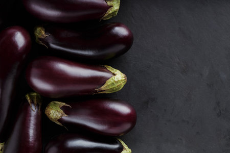 Fresh Farm-to-Table Eggplants on Dark Surface for Rural Economy and Organic Farming, Top View, Copy Spaceの写真素材