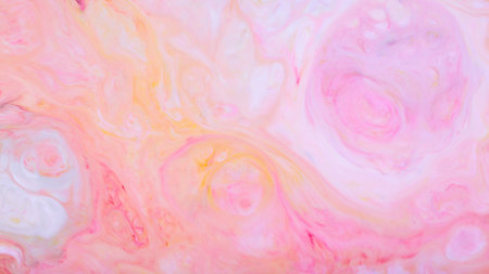 Pink Peach Marble Swirl Texture with Yellow Accents, Abstract Fluid Background for Feminine Designの写真素材