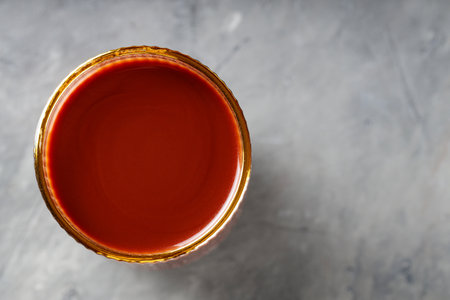Cocoa Drink in Glass on Concrete Surface, Hot Chocolate Drink Concept, Top View, Copy Space