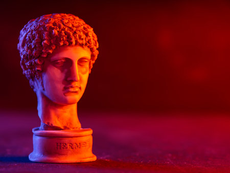 Classical Marble Bust with Red Purple Neon Lighting