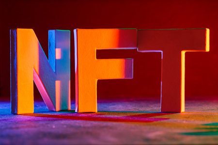 Crypto Art NFT Concept with Neon Glow Representing Blockchain Futureの写真素材