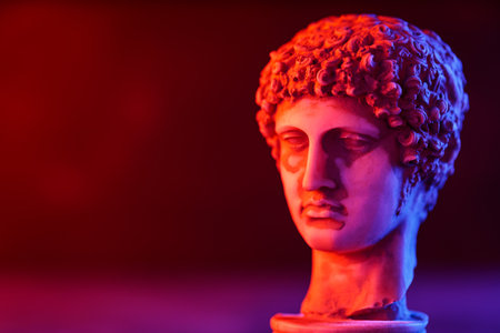 Ancient Greek Statue of Hermes with Modern Neon Glowの写真素材