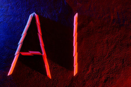 Neon Light AI Abbreviation on Dark Backgroundの写真素材
