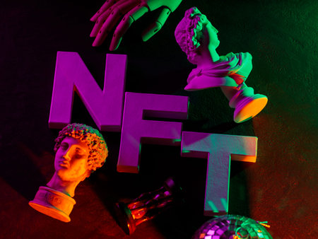 Colorful NFT letters with classical sculpture busts under vibrant neon lighting effect