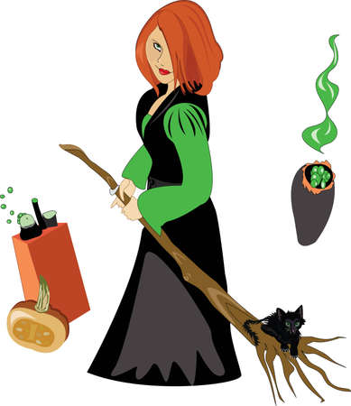 Witch holding a broom on which sits a catのイラスト素材