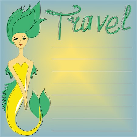 The traveller mermaid on a blue background with a yellow sun, with place for your text - vector illustrationのイラスト素材