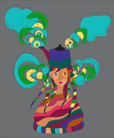 funny character: a young woman in the form of kettle of which is steam. Inexperienced person trying to figure anything out - vectorのイラスト素材