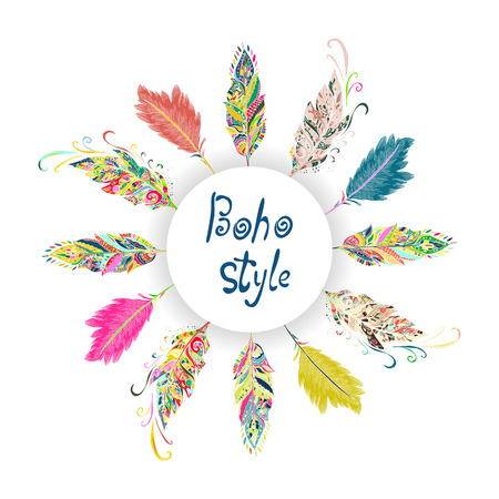 Round feather frame for cards and invitations, boho style, vector illustrationのイラスト素材