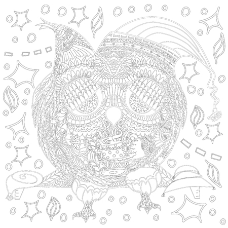 Coloring book page with sleepy Owl, zentangle picture for older children and adults with high details on white background. Vector monochrome illustartion.のイラスト素材